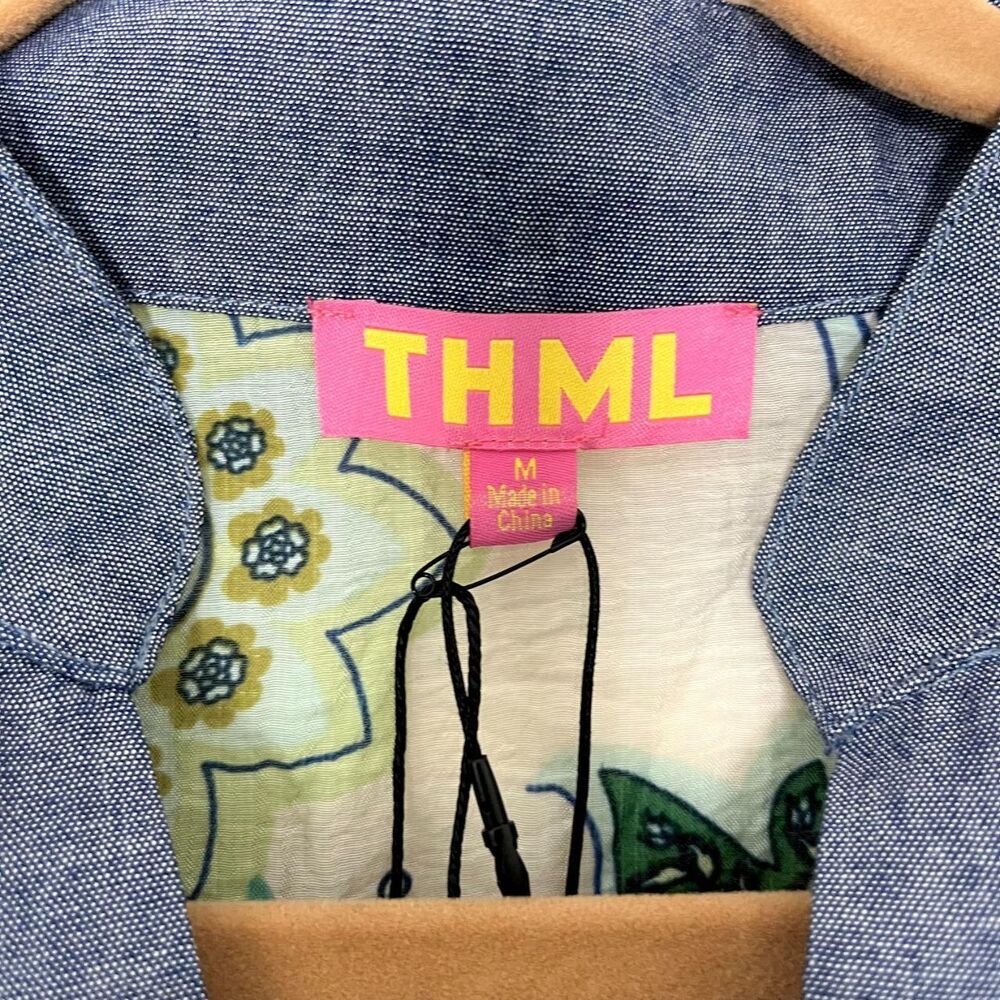 NWT THML short-sleeve top green blue paisley pattern denim-style V-neck collar M - Picture 3 of 8